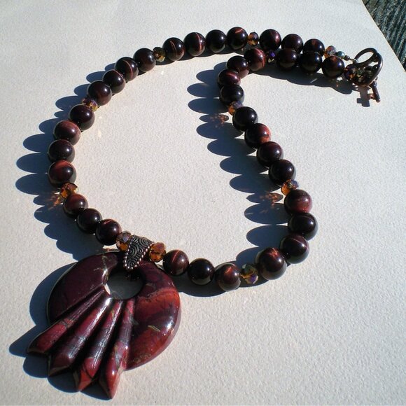 Red Tiger Eye Gemstone/Crystal Necklace; Couture, Statement Necklace; - Picture 6 of 7